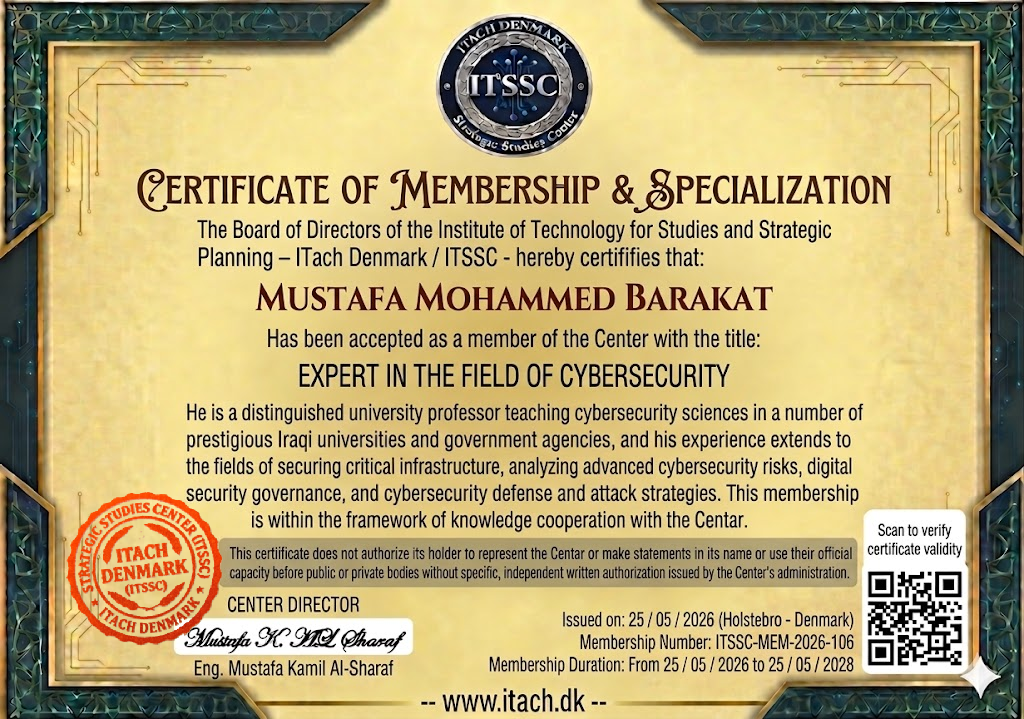 English Membership Certificate for Dr. Mustafa Mohammed Barakat - iTach Denmark / ITSSC