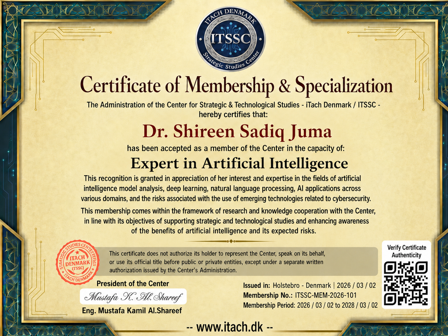 English Membership Certificate for Dr. Shireen Sadiq Juma - iTach Denmark / ITSSC